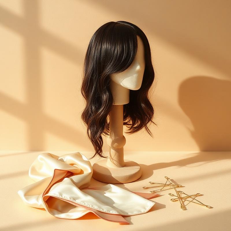 A Ucee wig on a stand beside a silk wrap and gold pins